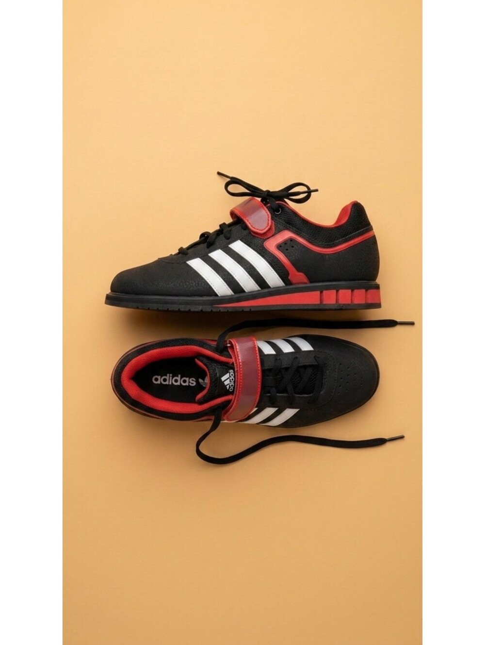 Adidas Black, White, and Red Weightlifting shoe with Velcro Strap